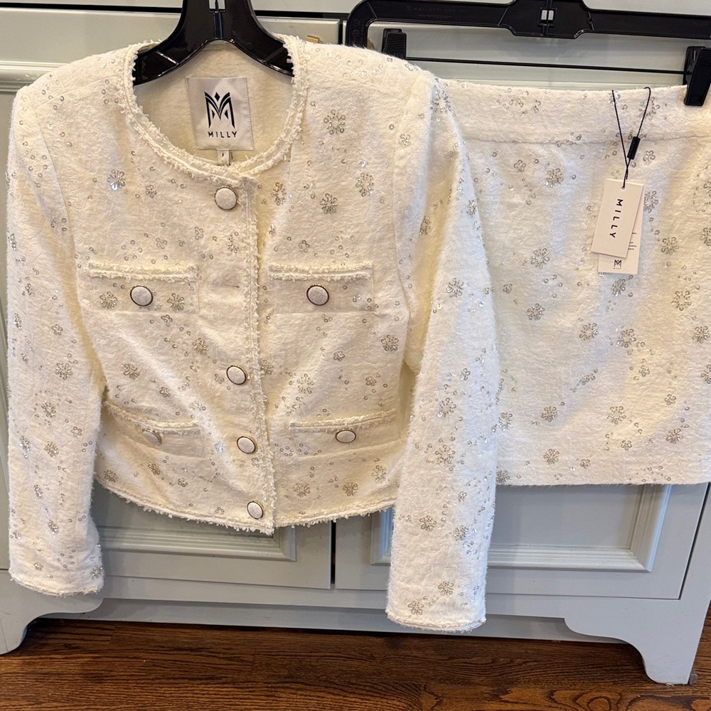Milly Women's Pheobe off white jacket with Silver Details and matching Skirt